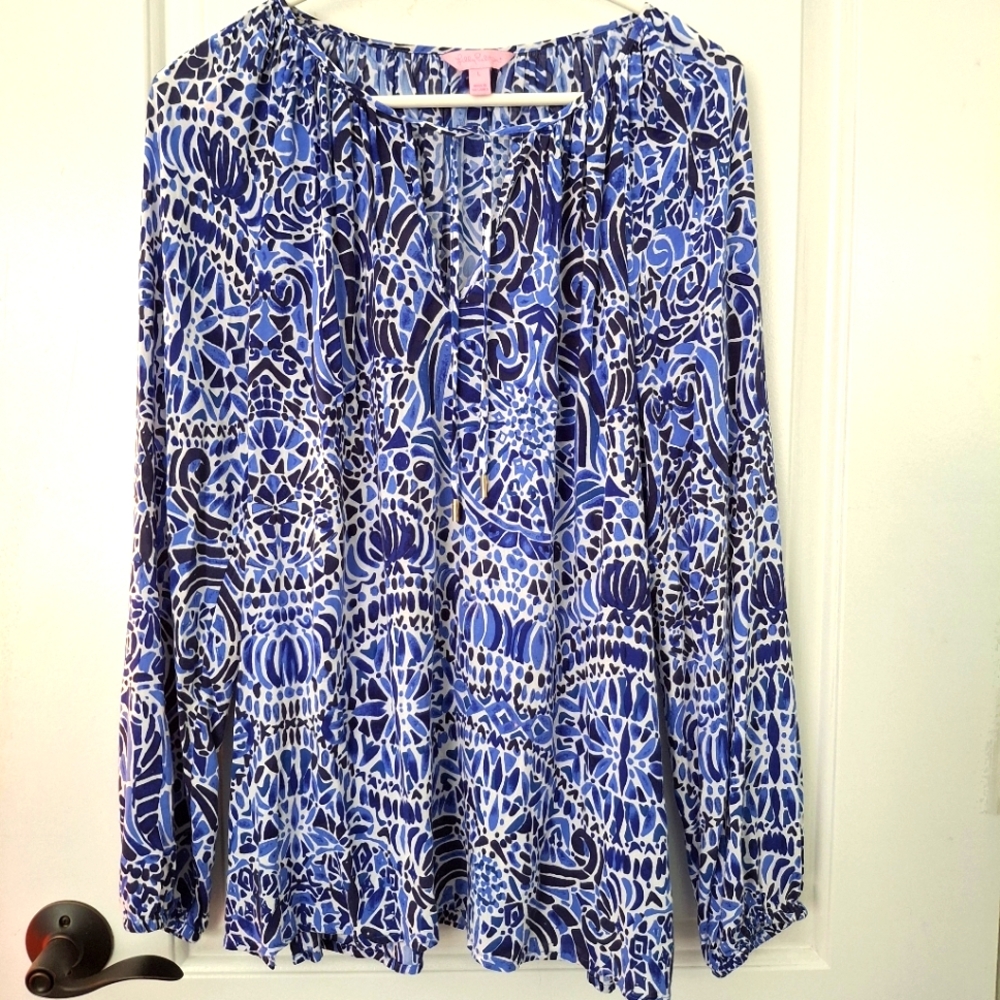 Lilly Pulitzer Willa Tunic Blouse Blue Taverna Tile Large